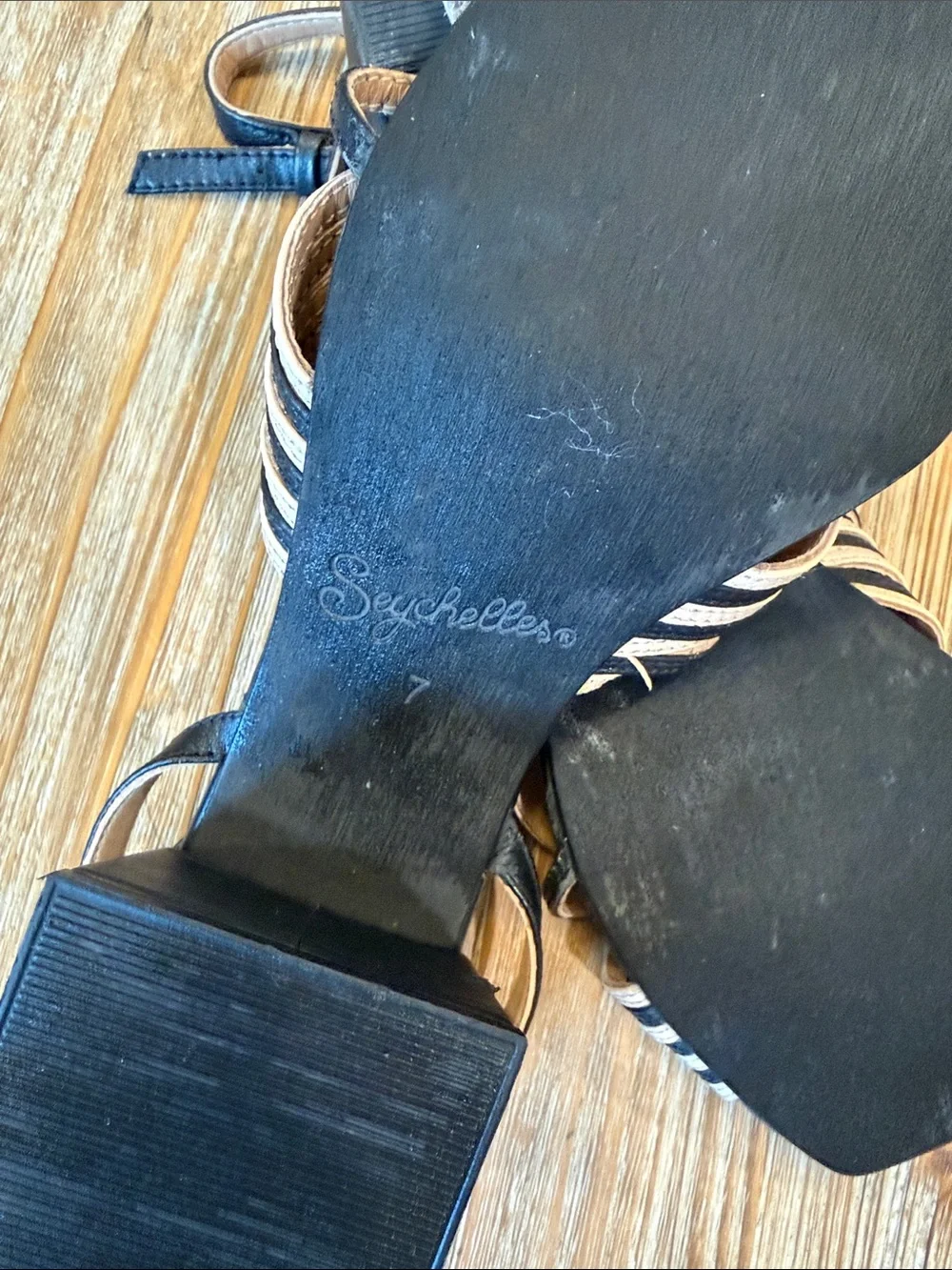 Seychelles Navy and Cream Striped Ankle-Strap Block Heels
